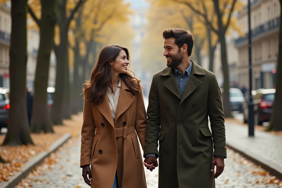 Couple élégant se promenant main dans la main sur un boulevard parisien en automne