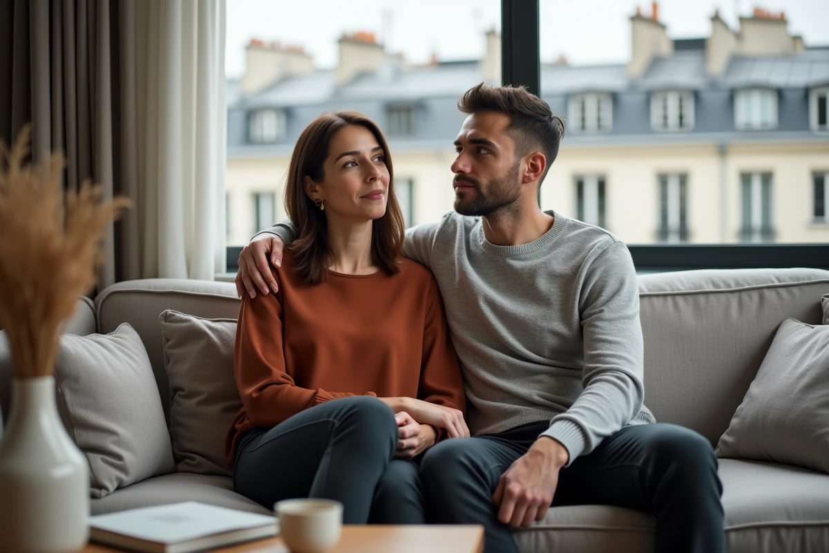 Couple détendu partageant une soirée intime dans un salon moderne avec vue sur les toits parisiens