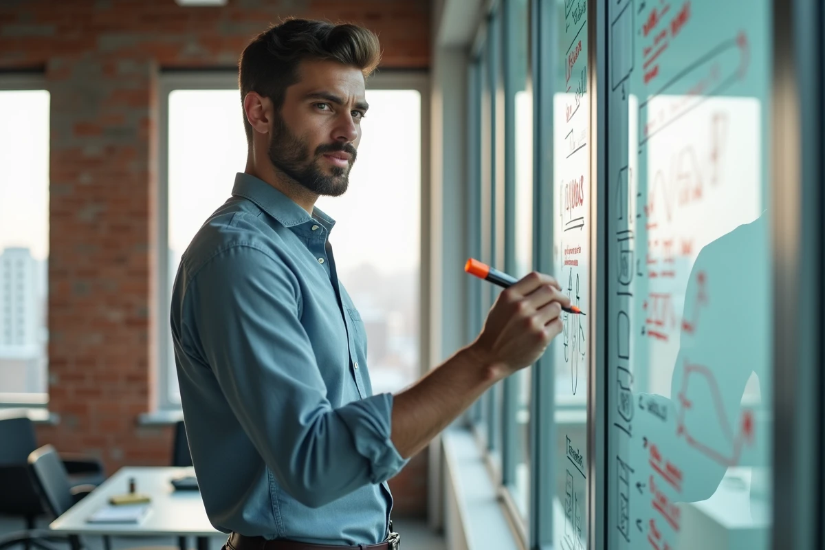 Jeune entrepreneur écrivant sur un tableau blanc dans un bureau urbain