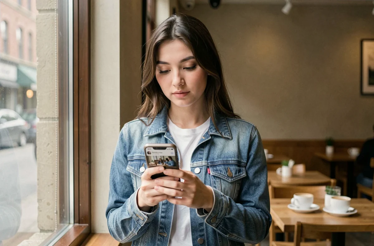 Jeune femme vérifiant ses demandes de suivi Instagram dans un café avec son téléphone en main