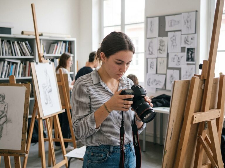 Jeune femme en classe à Toulouse avec appareil photo DSLR