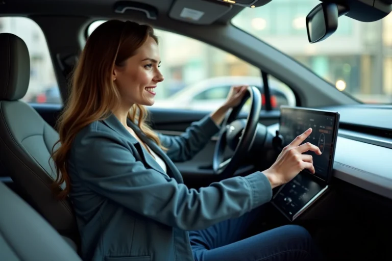 Jeune femme moderne dans une voiture électrique en intérieur