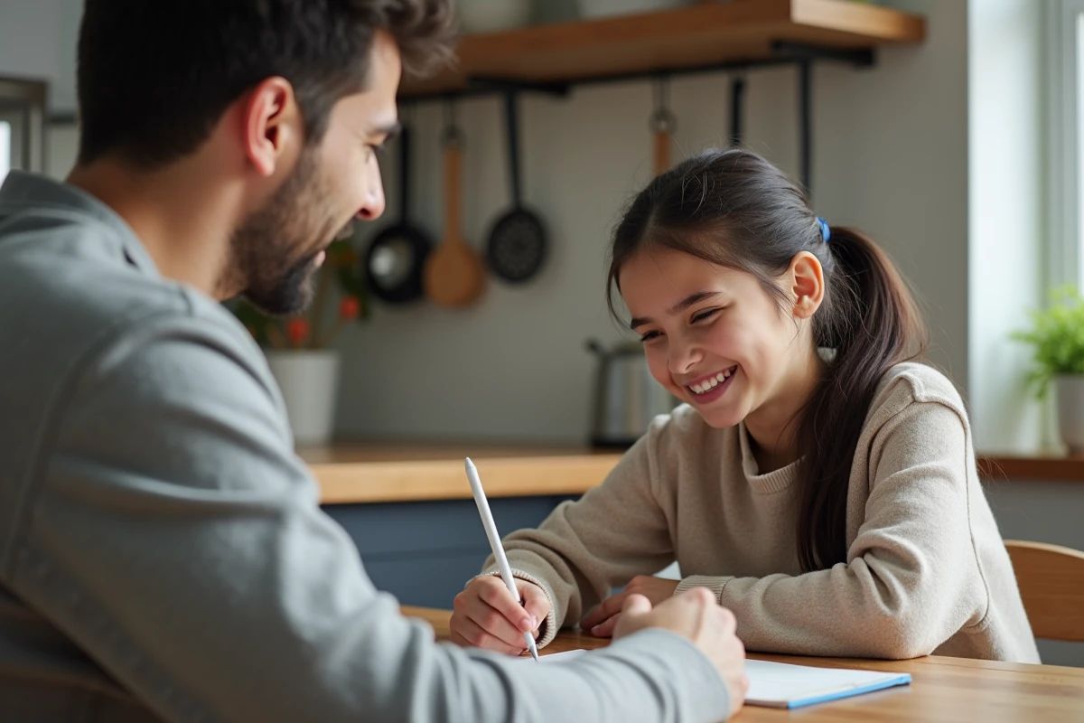 Adolescente souriante écrivant à la table de cuisine avec son père