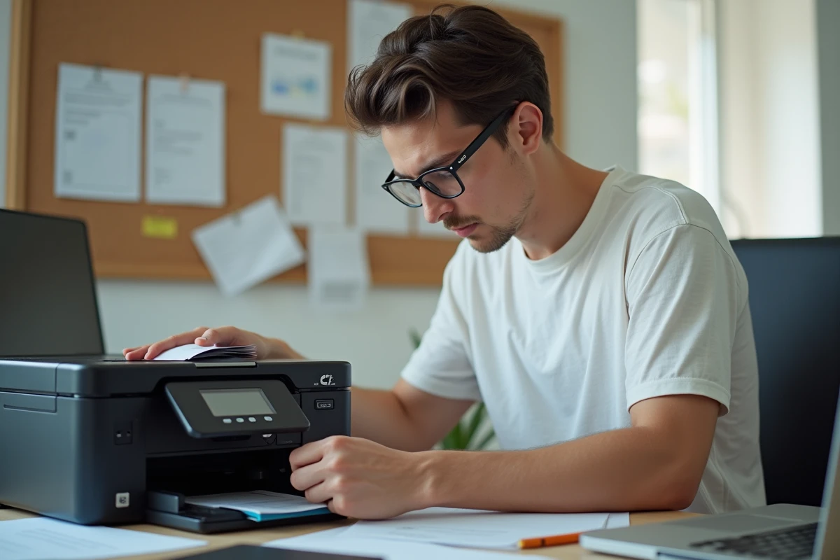 Jeune homme en t-shirt blanc remplaçant une cartouche d