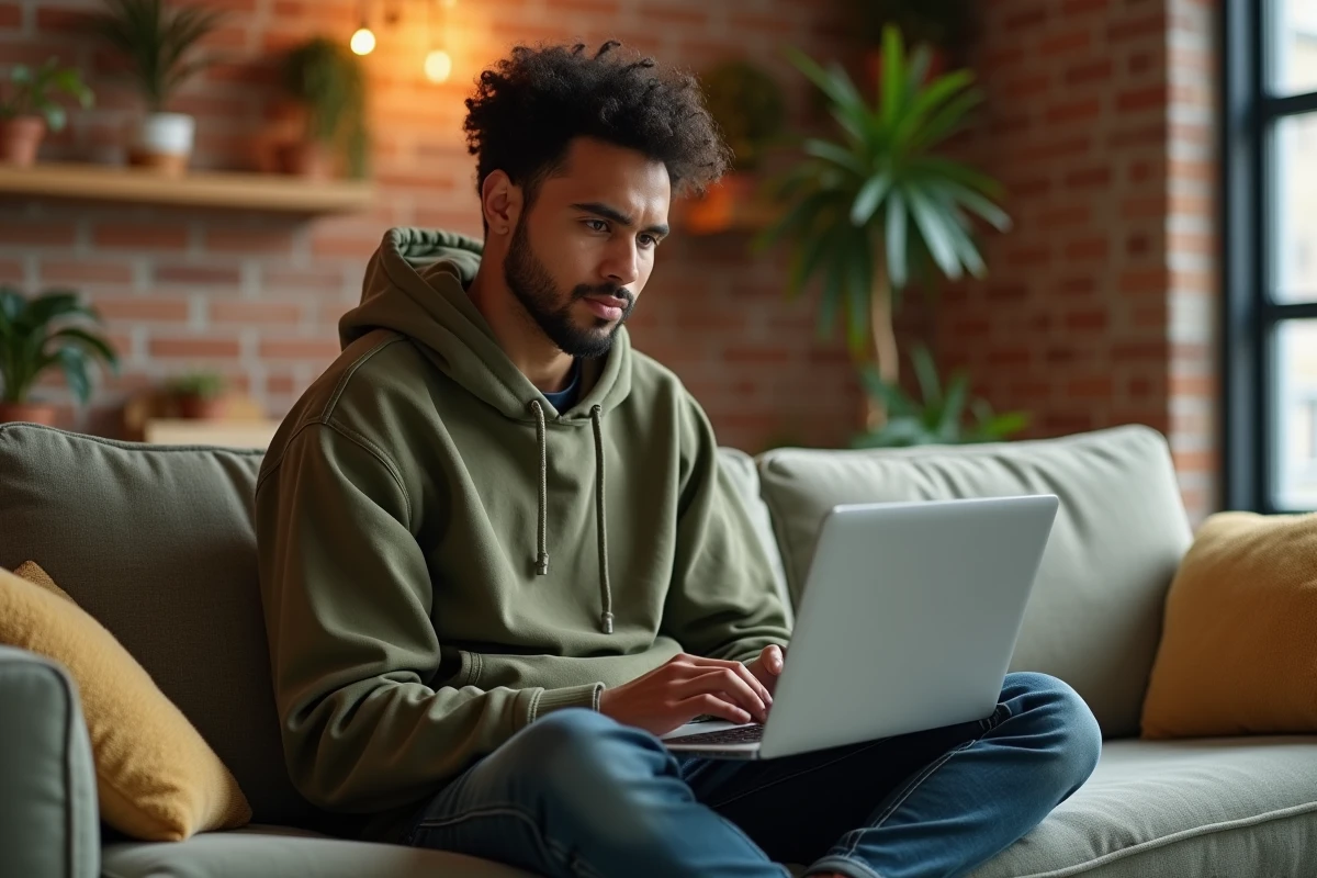 Jeune professionnel naviguant sur le plan d'un site web depuis un espace de coworking décontracté