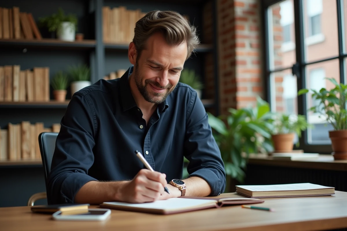 Homme créatif écrivant dans un carnet dans un espace de travail moderne illustrant les secrets d'une vie inspirante