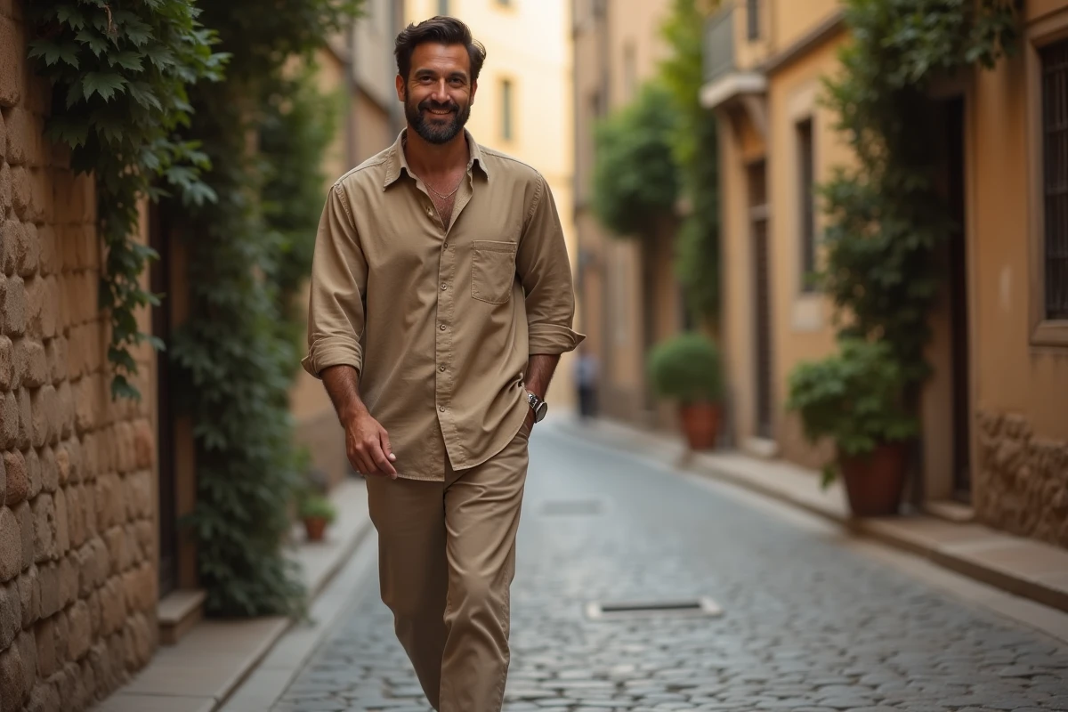 Homme marchant dans une ruelle pavée européenne évoquant un parcours de vie inspirant et authentique