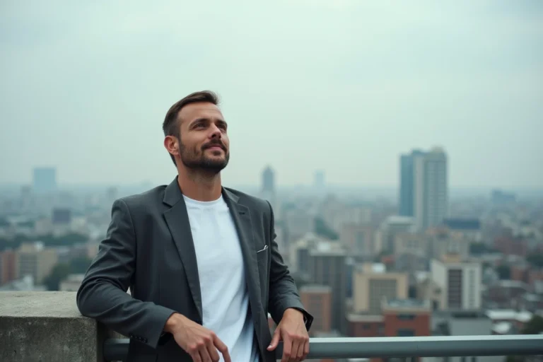 Portrait inspirant d'un homme ambitieux sur un toit urbain illustrant un parcours hors du commun