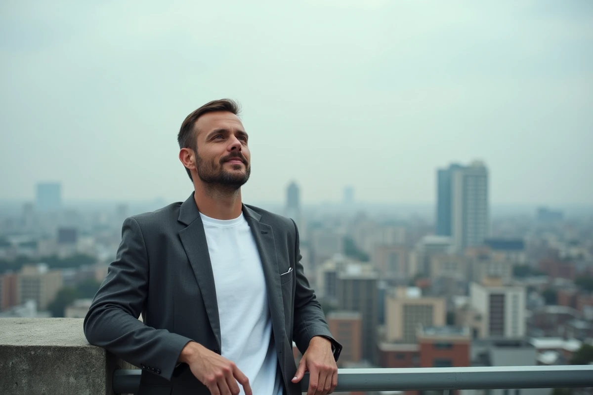 Portrait inspirant d'un homme ambitieux sur un toit urbain illustrant un parcours hors du commun