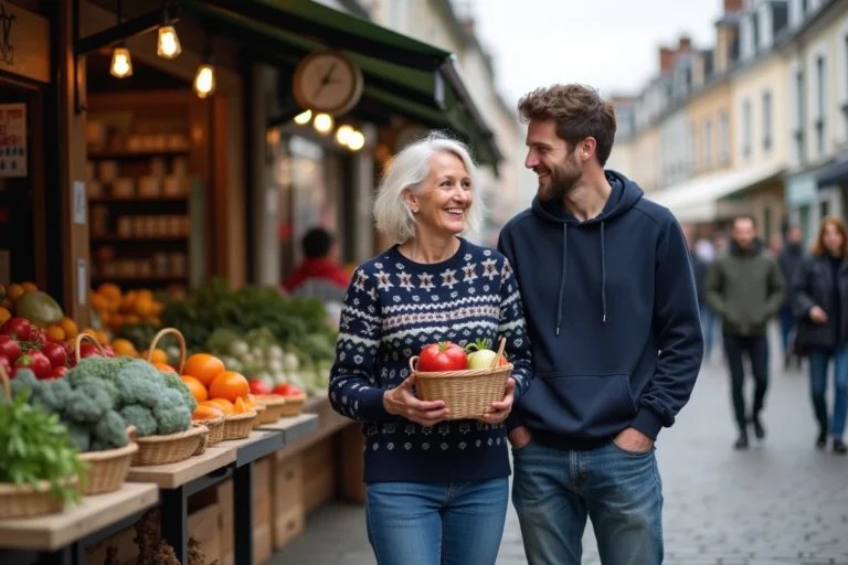 Femme bretonne souriante devant un marché local