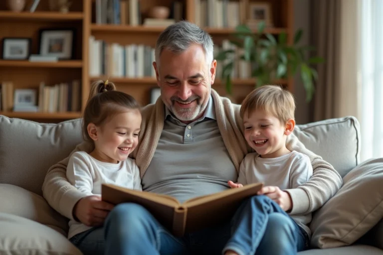 Homme d'âge moyen lisant avec enfants dans un salon chaleureux