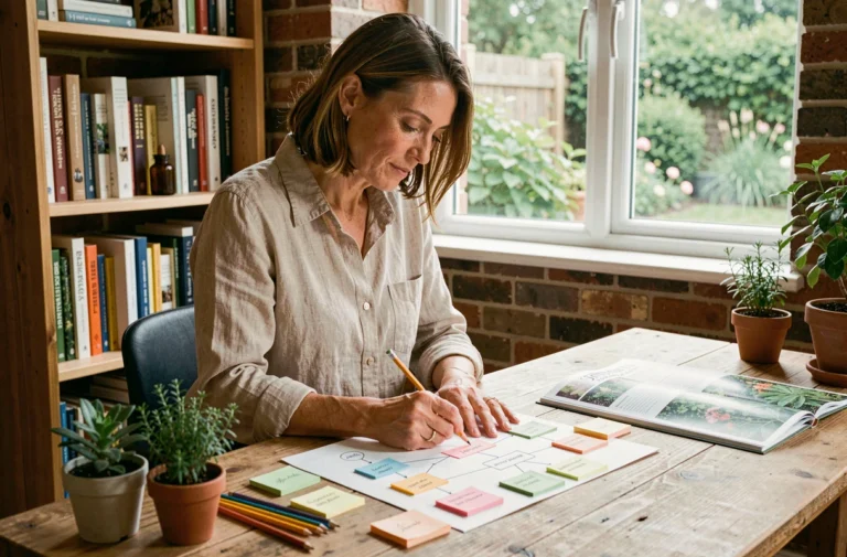 Femme organisant la structure d'un sitemap de site de jardinage sur papier avec des notes colorées et des livres botaniques