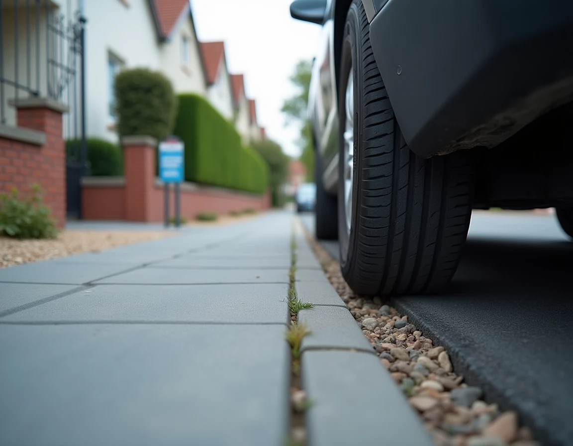 Pneu de voiture garé sur le trottoir d'un lotissement résidentiel avec panneau de propriété privée