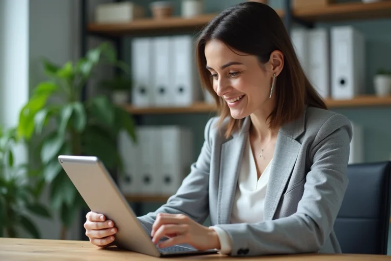 Femme consultant un annuaire de professionnels de santé sur une tablette dans un bureau médical moderne en France