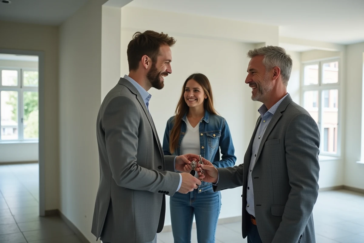 Agent immobilier remettant les clés d'un appartement vide à un jeune couple lors d'une location