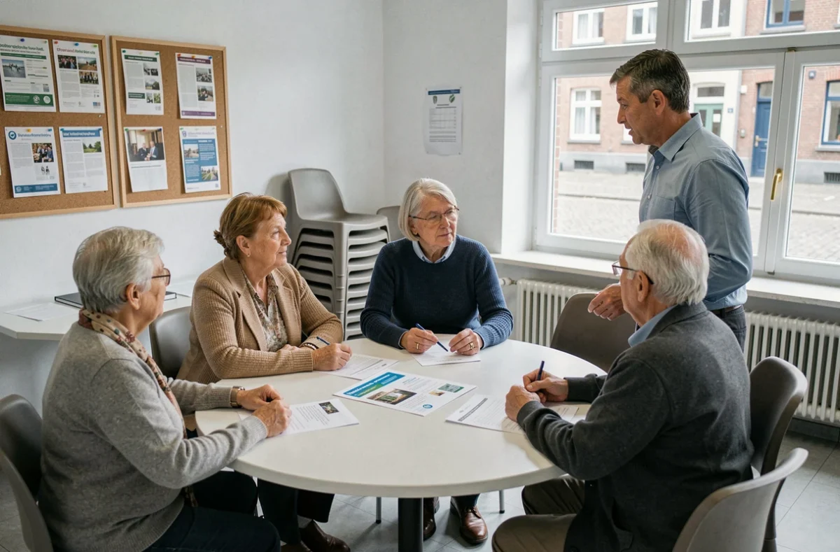 Un groupe de seniors belges participe à une séance d'information sur les services et aides disponibles dans leur commune
