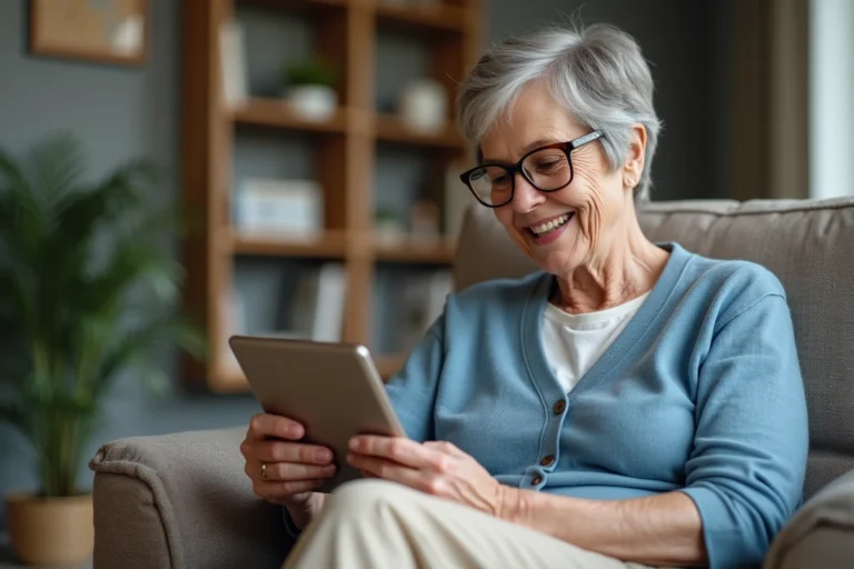 Femme senior souriante utilisant une tablette à la maison