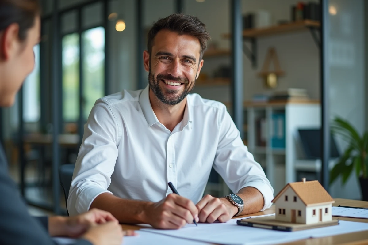 Homme signant un contrat immobilier dans un bureau d'agence avec un conseiller financier, signature achat immobilier guide projet