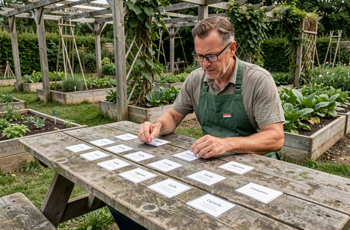 Jardinier organisant les catégories d'un sitemap de site web de jardinage avec des fiches thématiques en extérieur