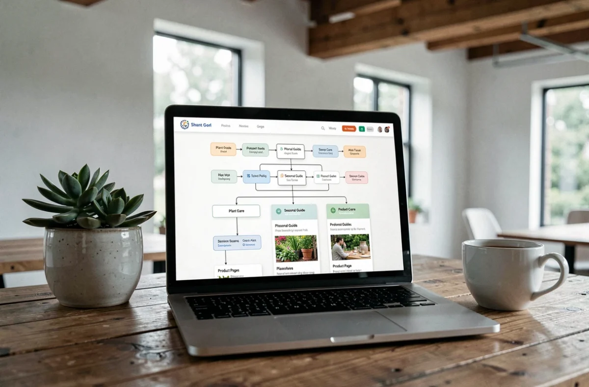 Écran d'ordinateur affichant un sitemap structuré pour un site web de jardinage avec des catégories de plantes et de conseils