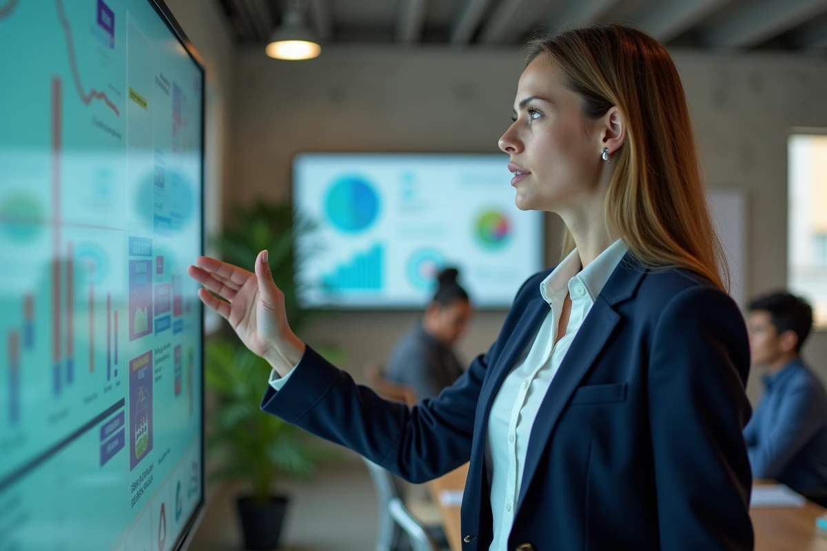 Femme professionnelle présentant des solutions digitales et des tableaux de bord de croissance dans une salle de réunion moderne en 2024