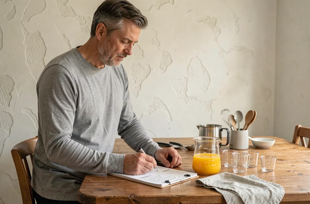Homme consultant un tableau de conversion de millilitres en centilitres à côté de récipients doseurs