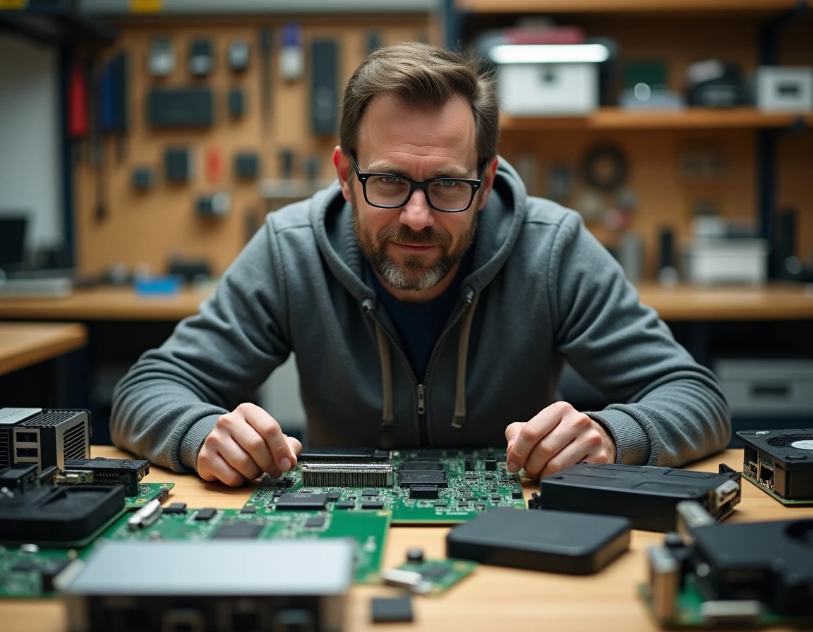 Technicien assemblant des composants informatiques innovants sur un établi, mettant en avant les nouvelles technologies hardware