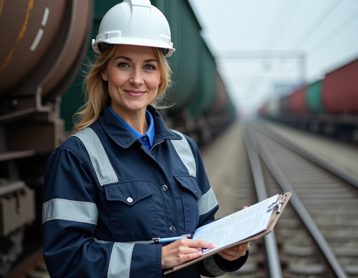 Technicienne wagoniste vérifiant une liste de contrôle de maintenance sur un wagon de marchandises