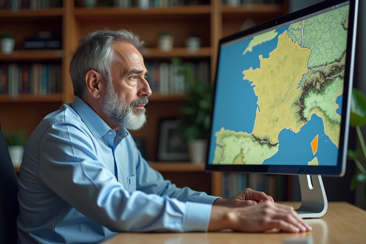 Homme utilisant l'interface Géoportail sur ordinateur pour consulter des cartes topographiques de France