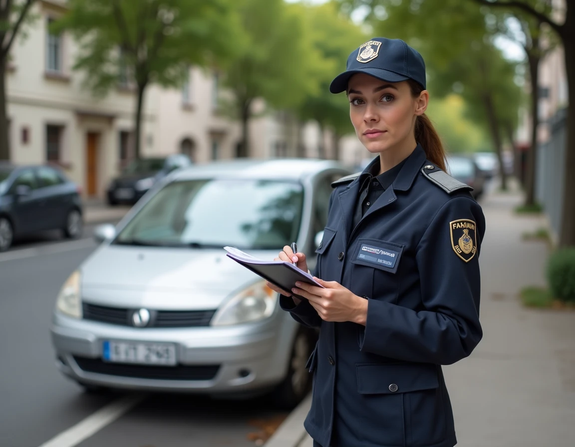 Agent de stationnement verbalisant une voiture garée sur le trottoir dans un lotissement résidentiel
