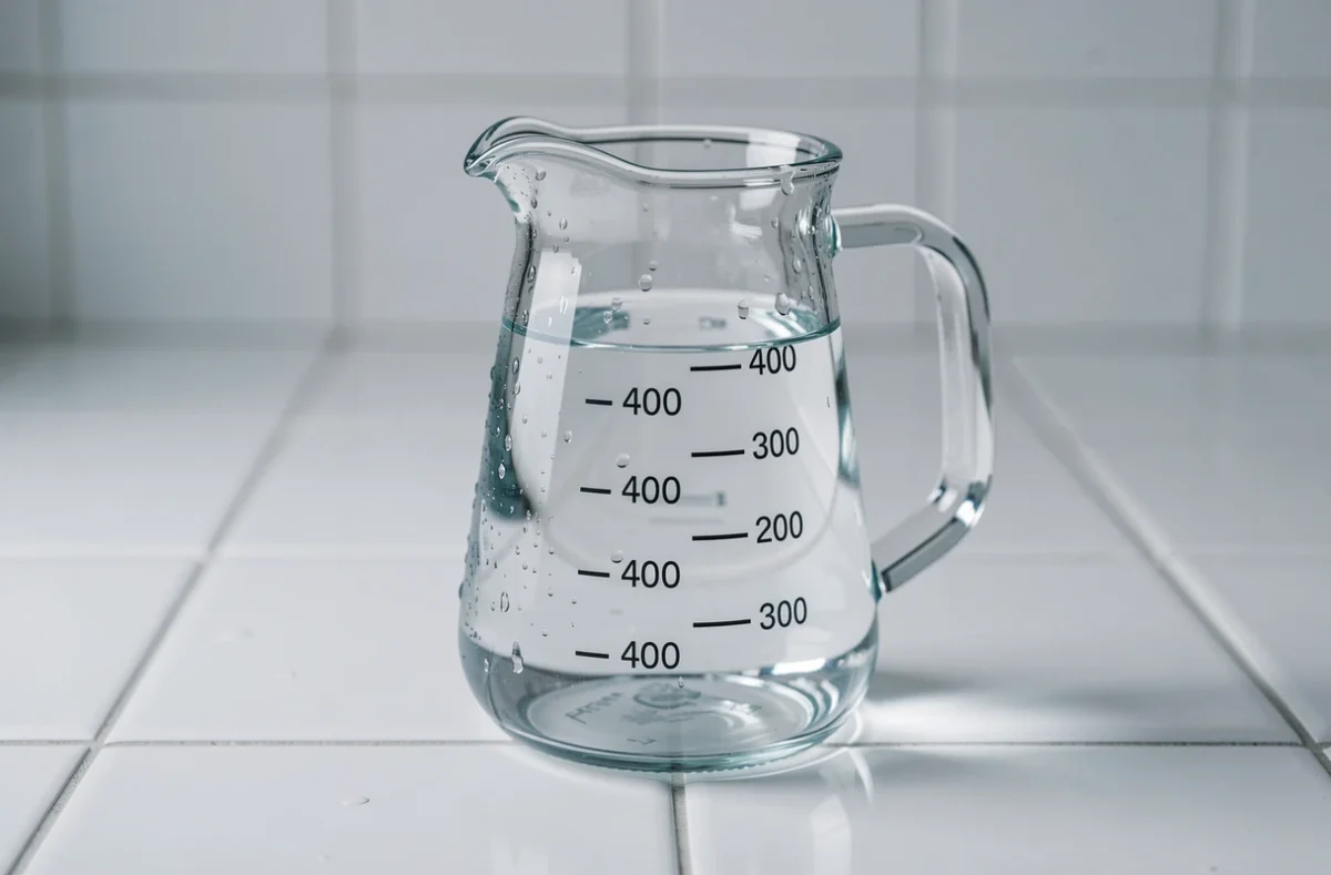 Gros plan d'un verre gradué indiquant 400 ml correspondant à 40 centilitres sur un plan de travail