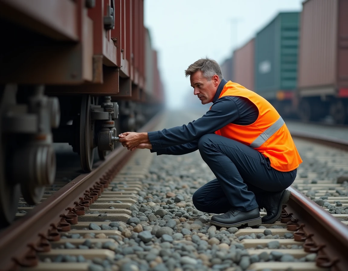 Wagoniste inspectant l'attelage d'un wagon de fret dans un dépôt ferroviaire industriel