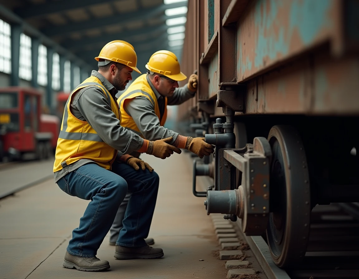Deux wagonistes collaborant sur la manipulation d'un frein manuel dans un atelier de maintenance ferroviaire